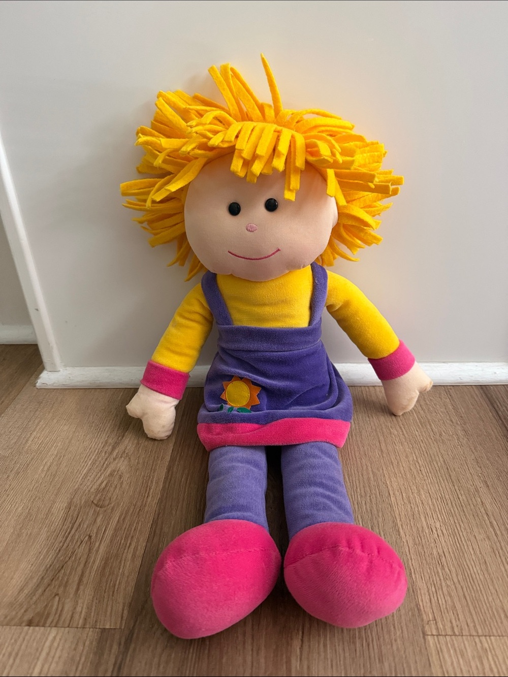 Vintage Rag Tops Rag Doll Stuffie Girl Baby Flower Dress Yellow Pink 20” 1999